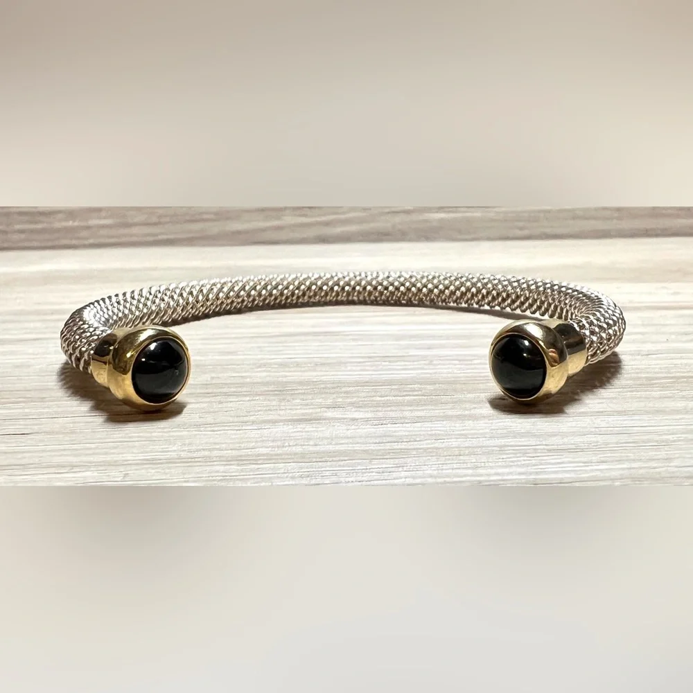 Vintage Designer Sterling Silver & Gold Onyx Cabochon Tip Cuff Bracelet, 7" - Picture 1 of 10